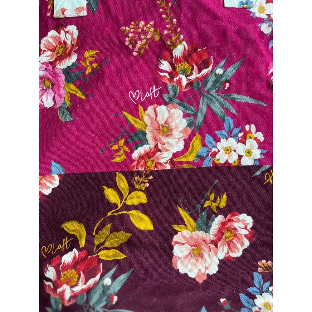 Loft Floral Canvas Tote Bag Magenta Burgundy Flower Print Shopper Handbag